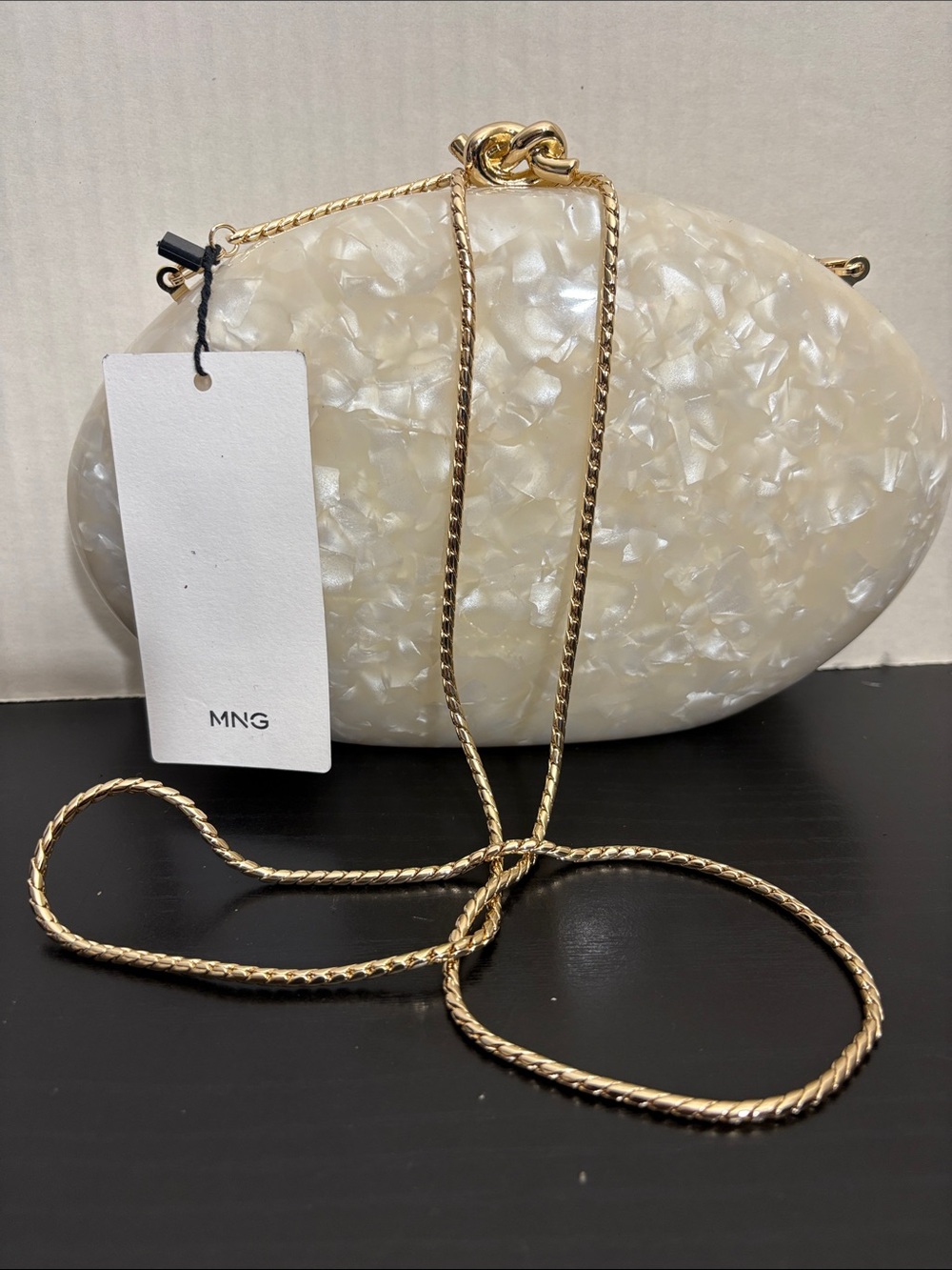 Mango Pearlized Ivory Oval Clutch with Gold Chain PEARL-EFFECT CLUTCH BAG 7140
